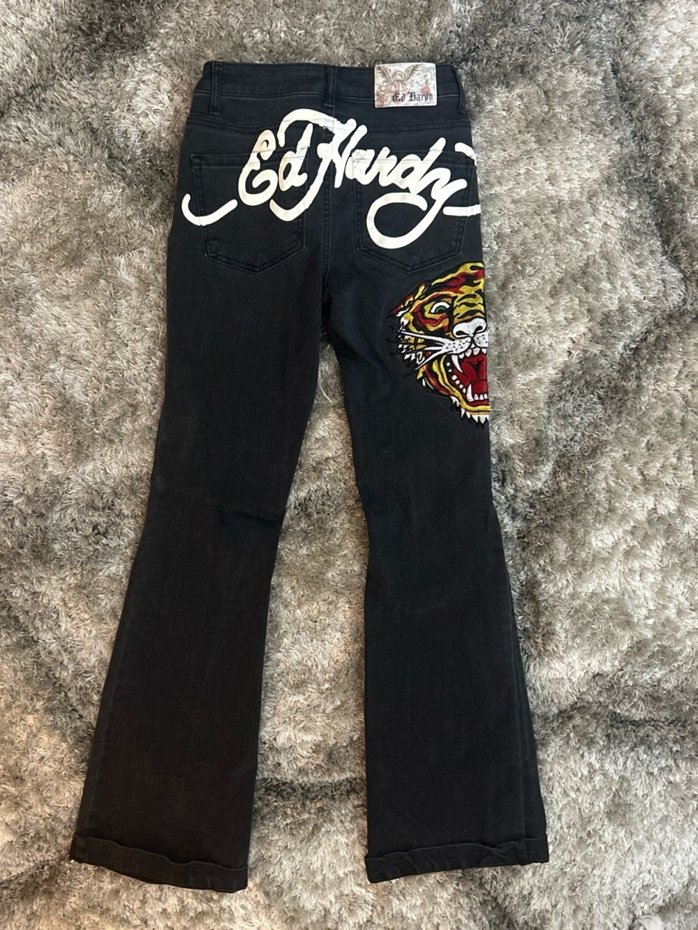 Ed Hardy Black Flare Jeans with Embroidered Tiger